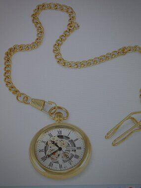 Peugeot Men 14K Gold Plated Deco Skeleton Dial Vintage Pocket Watch with Clip-ON